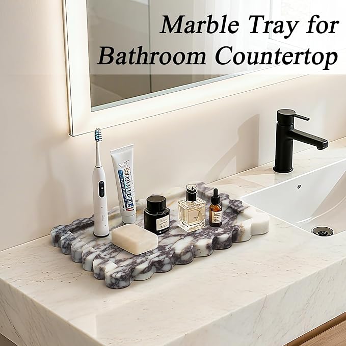 100% Real Natural Marble Tray, Genuine Calacatta Viola Scalloped Stone Tray, Luxury Decorative Trays for Bathroom Dresser, Vanity, Home, Kitchen Decor, Non-Resin/Ceramic, 10.6"x 8", Purple