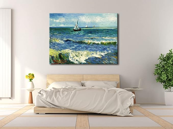 Wieco Art Extra Large Seascape at Saintes Maries by Vincent Van Gogh Oil Paintings Reproduction Giclee Canvas Prints Ocean Sea Pictures on Canvas Wall Art for Living Room Home Office Decor 36x48