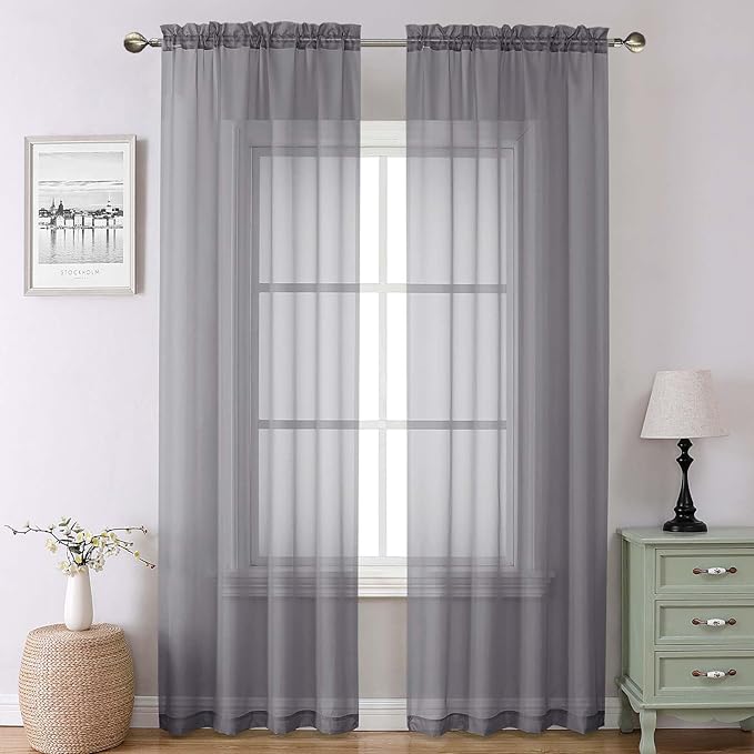 Lecloud Charcoal Grey Sheer Curtains 90 Inches Long 2 Panels, Light Filtering Voile Breathable Curtains, Privacy Solid Window Treatments with Rod Pocket for Bedroom Living Room, Each 42" W x 90" L