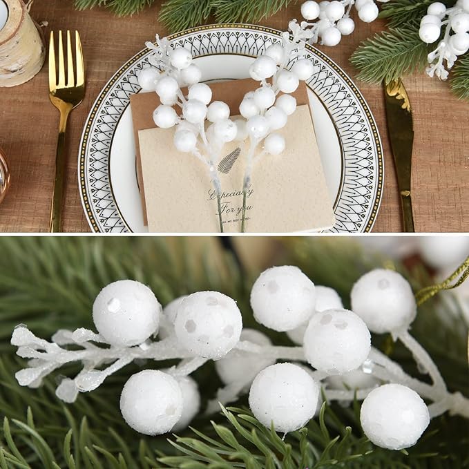 DearHouse 14 Pack Christmas Glitter Berries Stems, 7.8Inch Artificial Christmas Picks for Christmas Tree Ornaments, DIY Xmas Wreath, Crafts, Holiday and Home Decor (White)