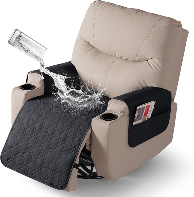 VANSOFY Recliner Chair Covers 100% Waterproof Seat Cover with Arm Reclining Cover Non-Slip Recliner Chair Covers Furniture Protector Washable Slipcover with Pocket for Pets, Dogs(Black, 22")