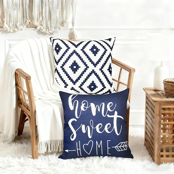 Decorative Throw Pillow Covers 22x22 inch Set of 4 Blue Pillow Covers for Couch Sofa Bed Living Room,Farmhouse Outdoor Throw Pillow Cover,Modern Geometric Linen Square Throw Pillow Cases