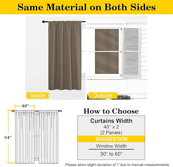 Brown Blackout Curtains for Bedroom Living Room 54 Inch Length 2 Panels, Soft Solid Insulated Room Darkening Curtains Drapes, Modern Rod Pocket Design, Brown, 2PCS Each 40" Wx54 L