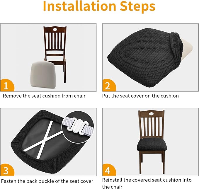 Fuloon Stretch Seat Cushion Covers 4 PCS, Washable Chair Seat Slipcover Chair Cover Dining Room for Hotel, Ceremony, Banquet Wedding Party (Black, 4)