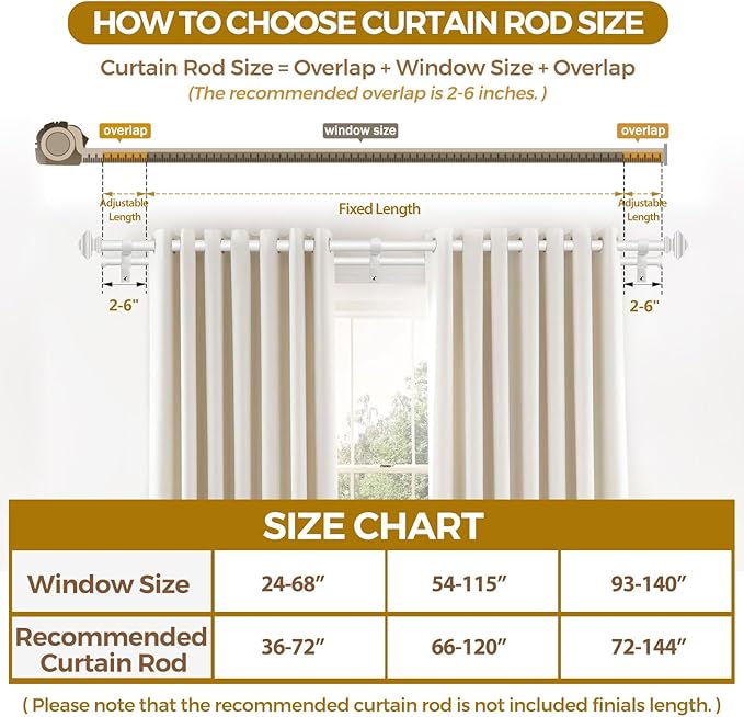 KAMANINA 1 Inch Double Curtain Rods 72 to 144 Inches (6-12 Feet) Adjustable Heavy Duty Drapery Rod for Windows 66 to 120, Square Ends, Ivory White