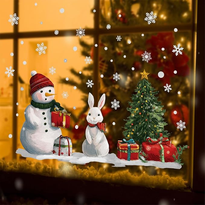 Christmas Snowman and Rabbit Wall Decals Stickers — Winter Scene with Gift Boxes and Christmas Tree Removable Vinyl Wall Decor for Living Room, Bedroom, Office, Holiday Decoration