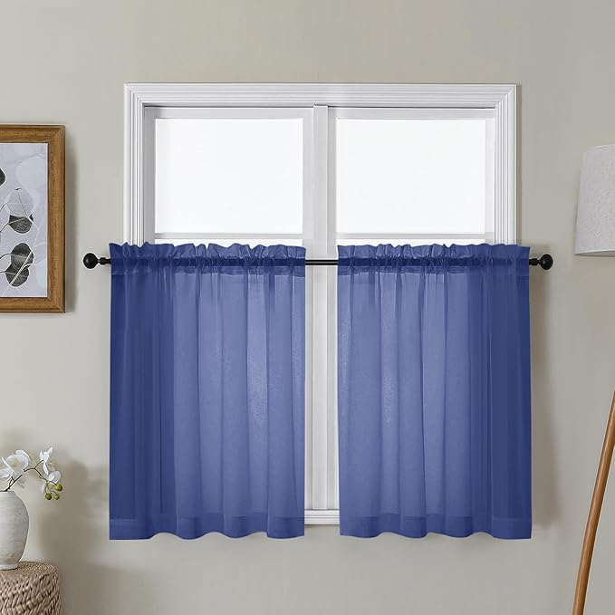 Gwine Royal Blue Sheer Curtains 30 Inch Length, Short Light Filtering Voile Small Cafe Kitchen Curtains with Rod Pocket, Short Curtain for Bathroom Window, 42x30 Inch, 2PCS