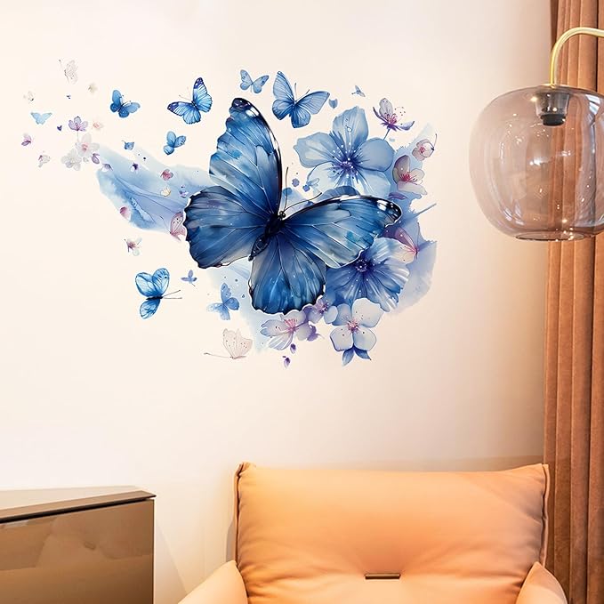Blue Butterfly & Flower Watercolor Wall Decals – Large Removable Vinyl Stickers, Dreamy Wall Art for Bedroom, Living Room, Bathroom, or Office Decor
