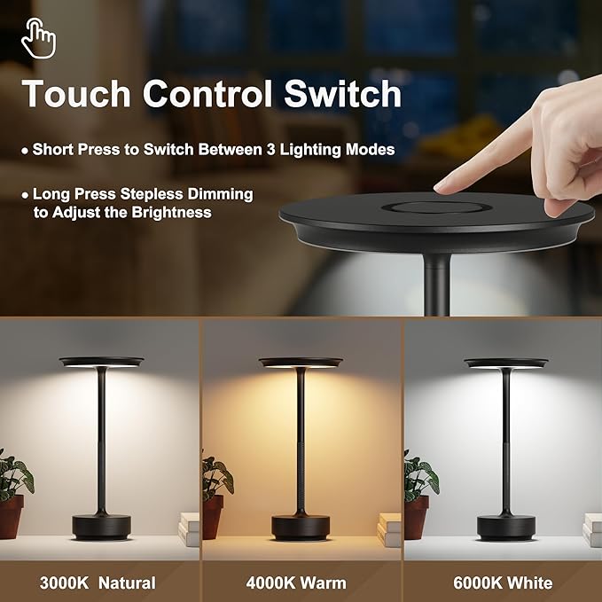 2 Pack Rechargeable Cordless Table Lamps, Portable 5000mAh LED Table Light, 3 Color Stepless Dimming Battery Powered Metal Table Lamp for Outdoo/Restaurant/Home/Patio.(Black)