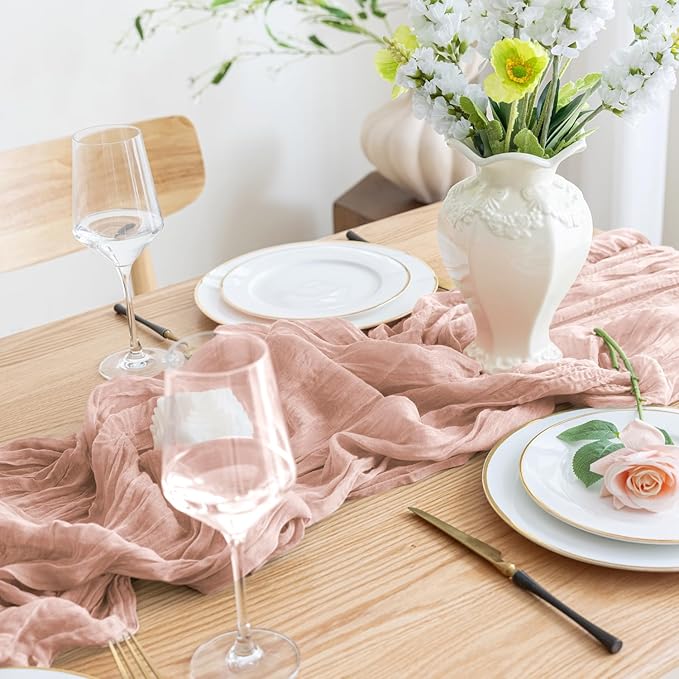 Asee'm 6pcs Cheesecloth Table Runner 120 Inches Dusty Pink Boho Gauze Cheese Cloth Runner 10FT Rustic Sheer Table Runners for Summer Wedding Baby Shower Holiday Party Decoration
