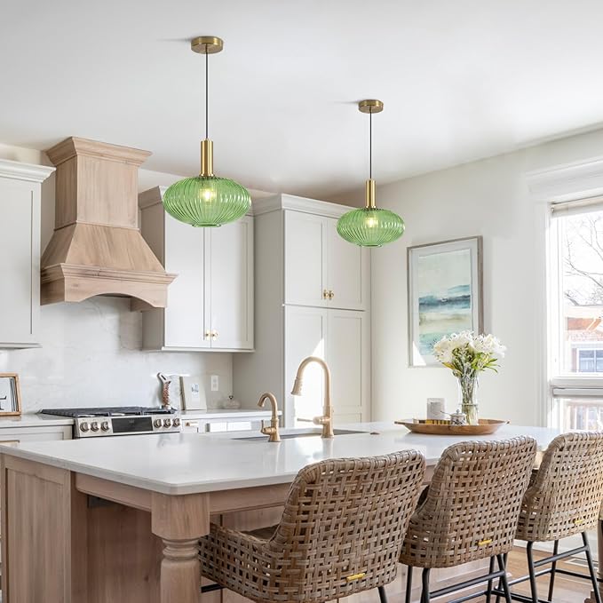 KCO Lighting Modern Gold Pendant Lights Kitchen Island Lighting Large Green Glass Globe Pendant Light Brass Dining Room Hanging Light Fixture Vintage Ribbed Ceiling Light