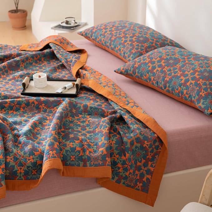 100% Cotton Muslin Blanket Jacquard Bohomian Mandala Floral Print Quilt, Soft Bed Cover 3 Layers Reversible Bedspread Coverlet Breathable Lightweight Bedding King(98"x94"), No Pillow Sham