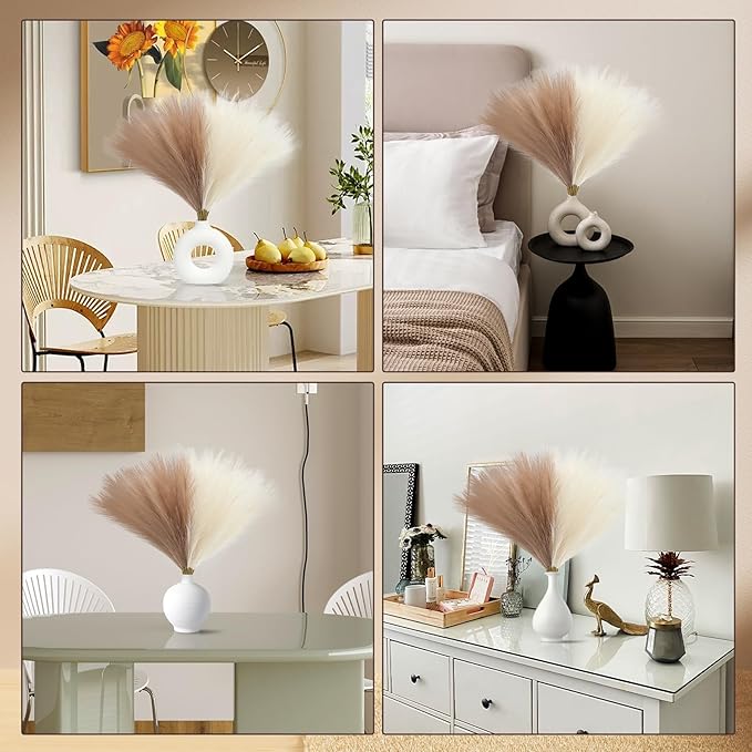 Faux Pampas Grass Decor 17.7 Inch 30pcs, Artificial Pampas Grass Fluffy Home Decor, Short Vase Room Decor pompous Grass Flower Arrangement for Boho Home Wedding Decoration (Light Brown,Beige)