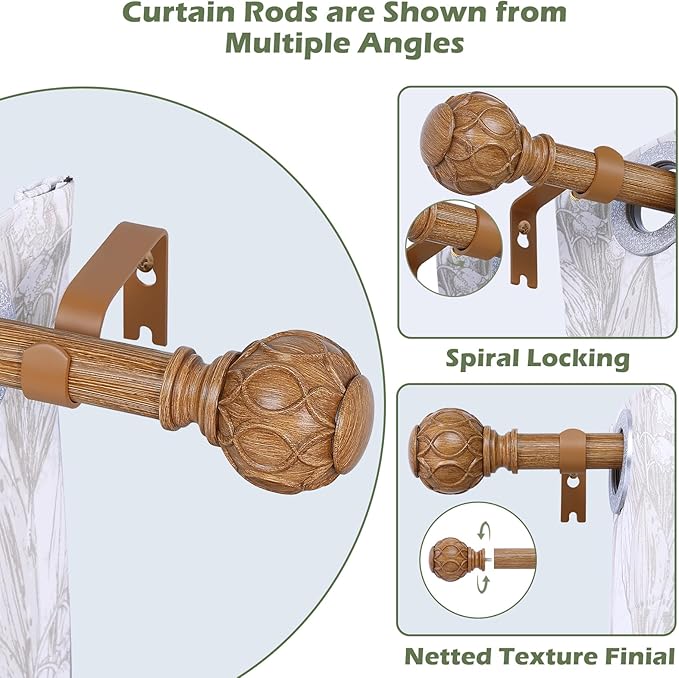 Wood Curtain Rods 66 to 120 Inch,1 Inch Adjustable Long Curtain Rod,Netted Wooden Window Curtain Rods,Farmhouse Rustic Heavy Duty Brown Wood Grain Decorative Drapery Rods 66-120"