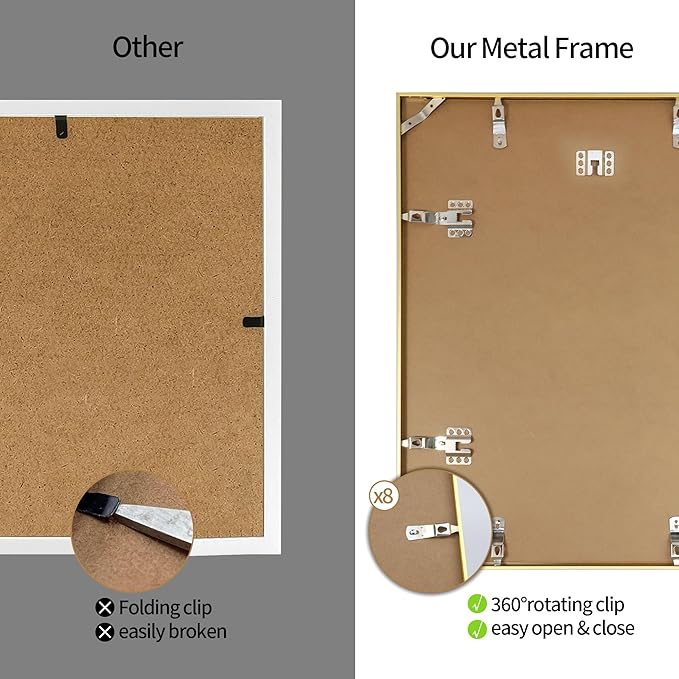 16x20 Metal Frames Set of 2, 16 x 20 Aluminum Photo Frames with 11x14 Mat - Sawtooth Hangers, Spring Clips for Wall Mounting Horizontal and Vertical(Gold)