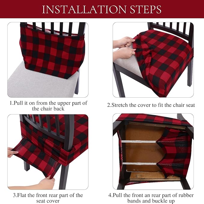 SearchI Christmas Dining Chair Seat Covers Set of 6, Buffalo Plaid Xmas Seat Covers for Dining Chairs, Dining Room Seat Covers for Christmas Decoration(Rear-Covered, Red and Black)