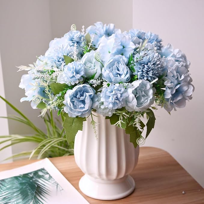 ASTRYAS Blue Artificial Flowers, 12Pcs Fake Peony Silk Peonies for Decoration Blue Faux Flower Arrangements for Spring Office Home Decor Wedding Party (Light Blue)