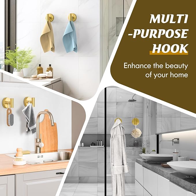 Suction Cup Hooks for Shower,Heavy Duty Shower Towel Suction Hooks,No Drill Wall Mounted Towel Hooks for Bathrooms Wall,Kitchen,Glass,Mirror,Tile to Hang Towels,Robes,Coat-Gold(4 Pack)