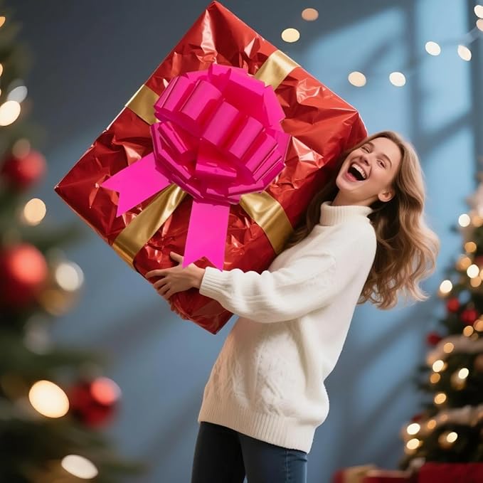 Big Pink Christmas Bow(16 Inch, 1 Pack), Giant Car Bow, Large Gift Bow for Gift Wrapping, Huge Bow for Tree Topper, Birthday, Party, Christmas Decoration, Indoor and Outdoor Decoration.