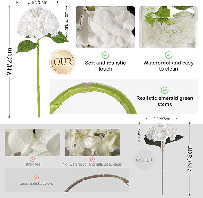 JUSTOYOU 3 Pcs Real Touch Hydrangea Artificial Flowers 22.8" Lifelike Latex White Hydrangeas Fake Hydrangeas for Home Decor Party Wedding Bouquets Table Centerpieces Floral Arrangements Indoor Decor