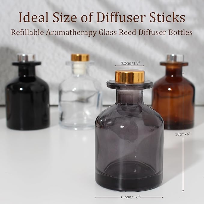 4Pcs Fragrance Glass Diffuser Bottles, Refillable Diffusers Bottles with 16 pcs Reed Diffuser Sticks and Caps,Diffuser Jars for Home Oil Fragrance Decoration Girl Women Gift (4 Color)