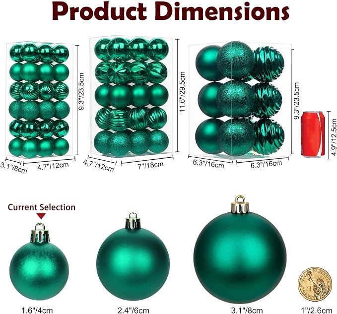 1.57" Emerald Green Christmas Ornaments for Christmas Tree 36 Pcs Mini Shatterproof Balls Christmas Tree Decorations Small Xmas Ornaments Balls with Hanging Loop for Holiday Party Wreath Home Decor