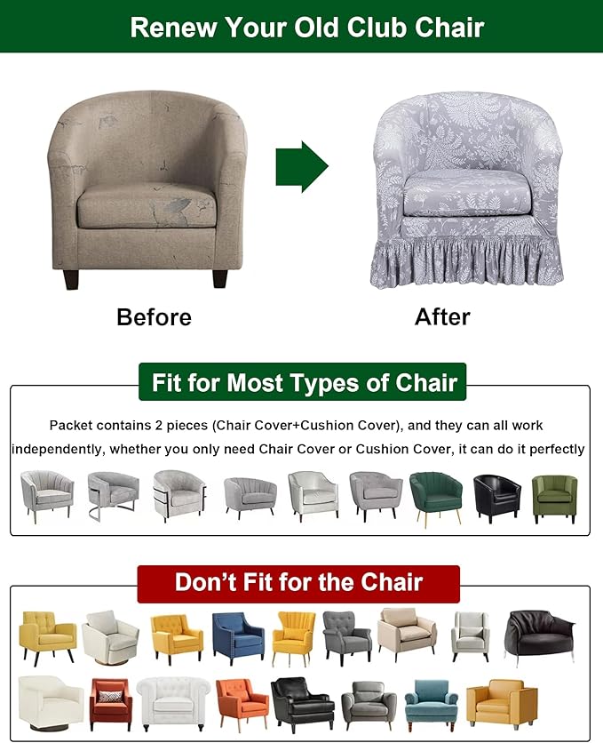 CRFATOP 2 Piece Club Chair Slipcover with Skirt Printed Tub Armchair Covers with Seat Cushion Cover Soft Printed Round Barrel Furniture Protector for Bar Counter Living Room,C05