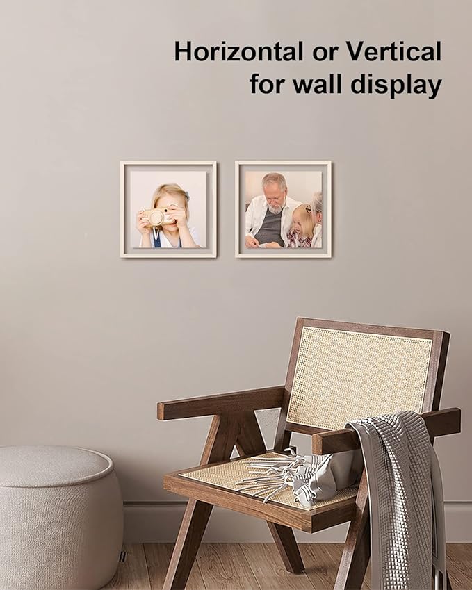 Egofine 8x8 Floating Frames Set of 2, Double Plexiglass Picture Frame, Made of Solid Wood Display Any Size Photo up to 8x8, Wall Mount or Tabletop Standing, Beige