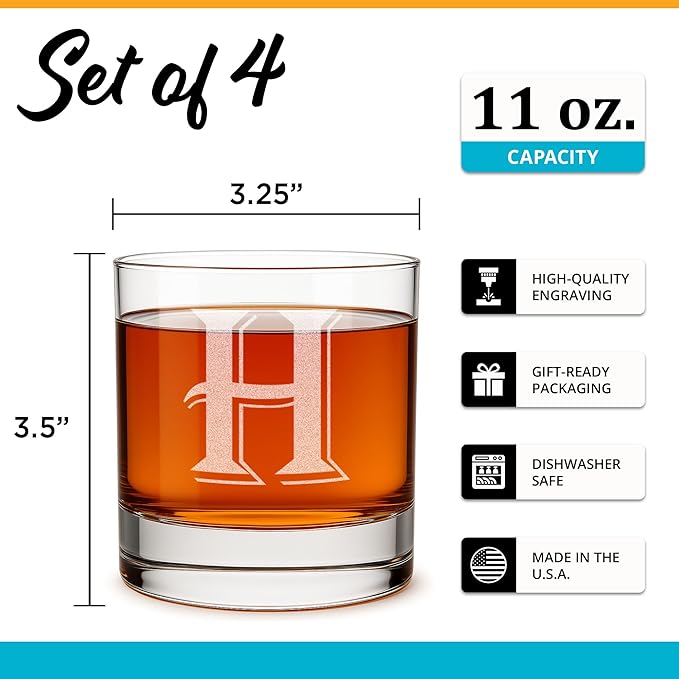 On The Rox Drinks [H-Monogram] - 4 Piece Set of 11 Ounce Engraved Heavy Base Rocks Whiskey Bourbon Glasses Elegant Glass-Multi-Purpose Beverage-Rocks Glass- Ideal Gift for any Occasion