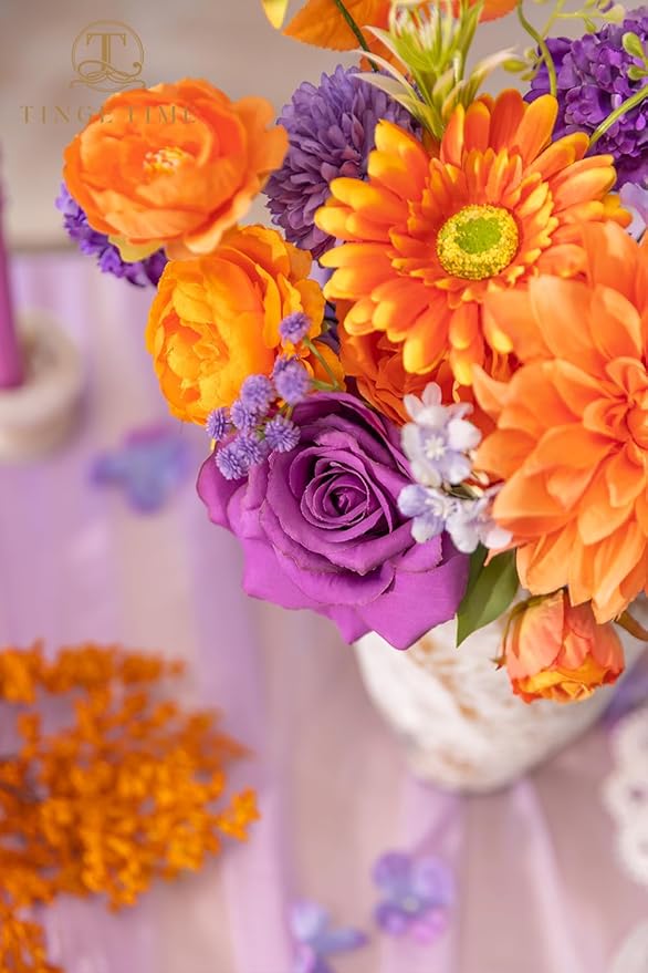 TINGE TIME Rose Artificial Flowers Combo, Fake Foam Roses with Stems for DIY Autumn Wedding Bridal Shower Party Table Centerpieces Fake Floral Arrangement Home Decor(Burnt Orange and Purple)