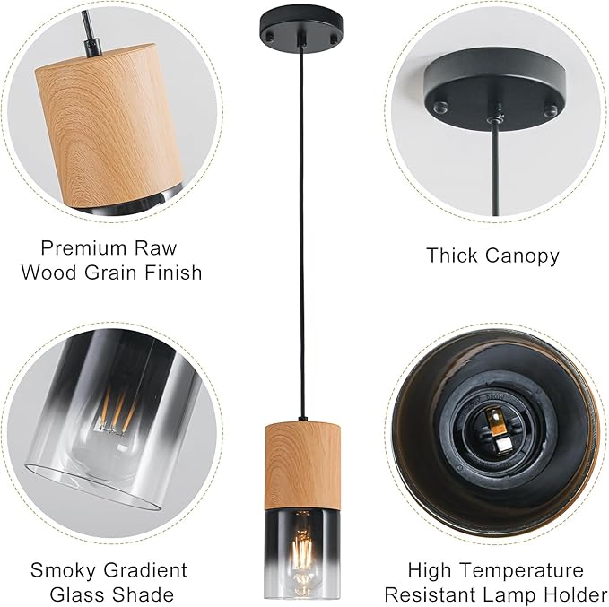 Modern Pendant Lights for Kitchen Island, Adjustable Black Pendant Light Fixtures with Raw Wood Grain, Industrial Glass Pendant Lights for Dining Table Hallway Bedroom Living Room,1 Pack