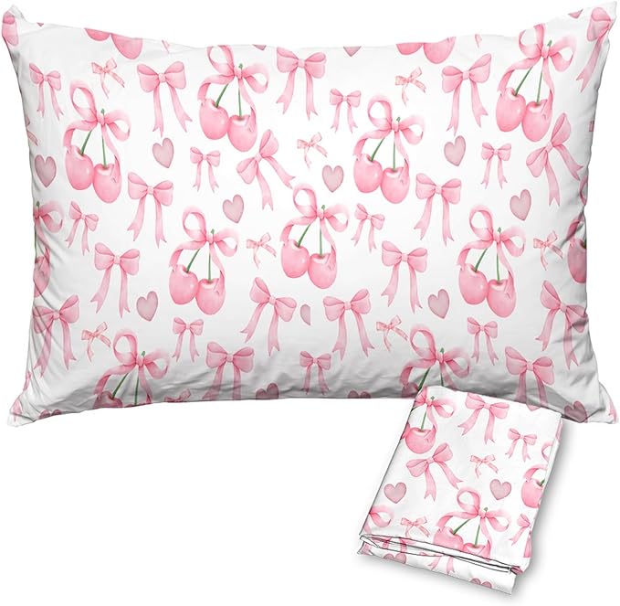 Bow Pillow Protectors with Zipper Standard Size Coquette Cherry Print Pillow Covers Set of 2 Preppy Bed Pillowcases Protector for Girl Woman Pink and White Bed Pillow Covers 36"X20"