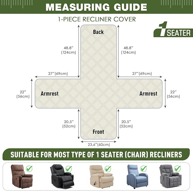TAOCOCO 100% Waterproof Recliner Chair Cover, Non Slip Recliner Covers for Recliner Chair with Pocket, Washable Reclining Chair Cover Furniture Protector for Kids,Dogs(23.6'', Green)