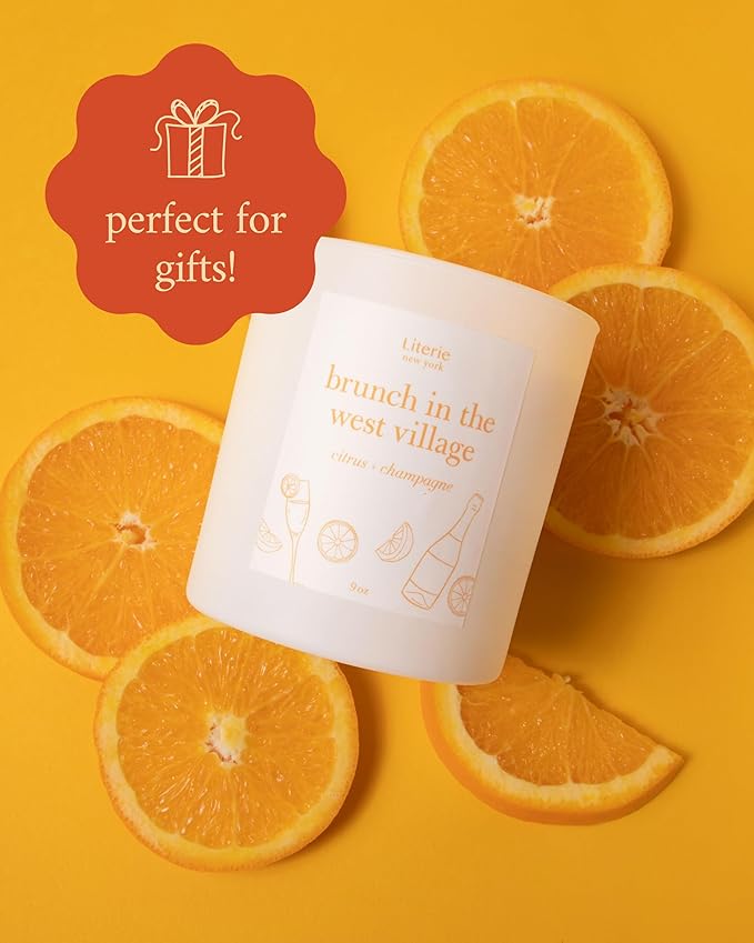 Literie NYC Inspired Scented Candle: Brunch in The West Village - Citrus & Champagne, 9oz, 50 Hour Burn, Vegan Soy & Coconut Blend Candle for Home Decor, Gift for Women & Men