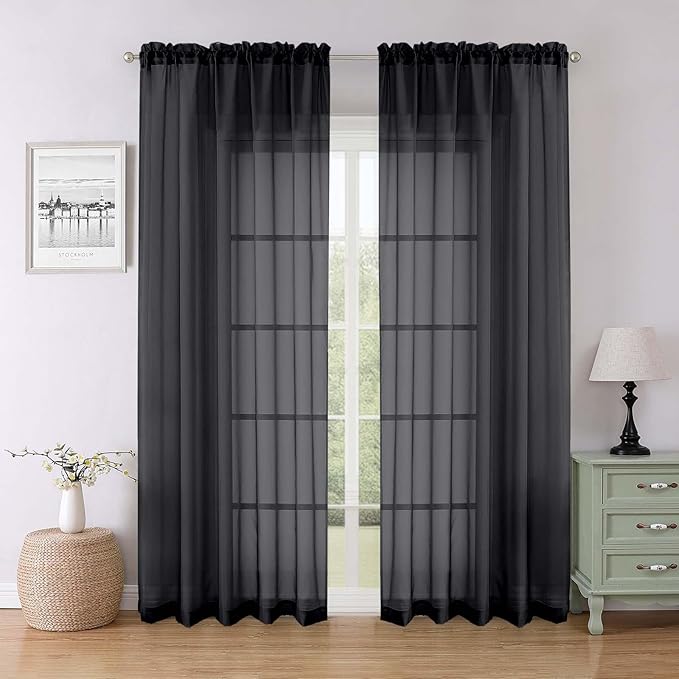 Lecloud Black Sheer Curtains 84 Inches Long 2 Panels, Balance Light & Privacy Bedroom Living Room Dining Room Window Treatments, Solid Voile Curtain Drapes with Dual Rod Pocket, 59" W x 84" L