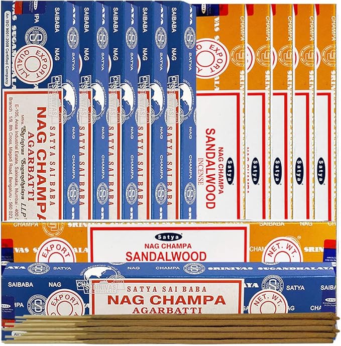 Nag Champa Incense Sticks and Sandalwood Incense Sticks with Incense Holder Bundle for Home Fragrance and Spiritual Décor