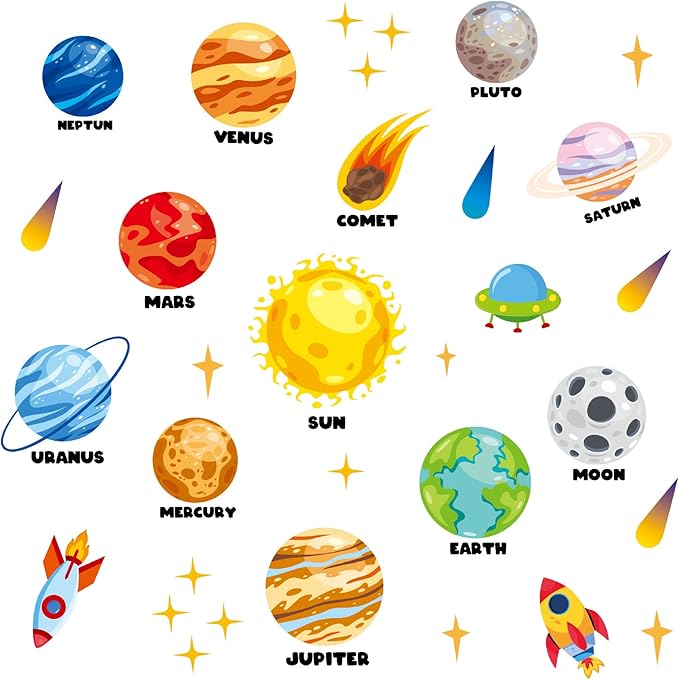 Outer Space Wall Decals 4 Sheets 58 Pcs Planets, Rocket & Astronaut Wall Stickers Removable Nursery Decor for Kids Bedroom, Playroom, Classroom Peel & Stick Space Theme Decals for Boys Girls