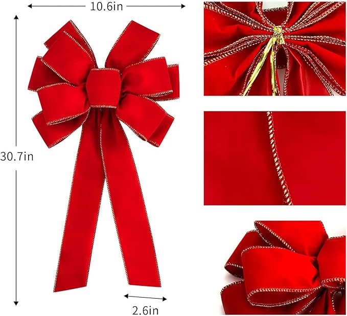 Iceyyyy 6 PCS Large Christmas Bow - 30.7" x 10.6" Christmas Valentine's Day Golden Edged Red Velvet Wreath Bow Christmas Tree Topper Ornament Bow for Christmas Home Wreath Tree Decoration