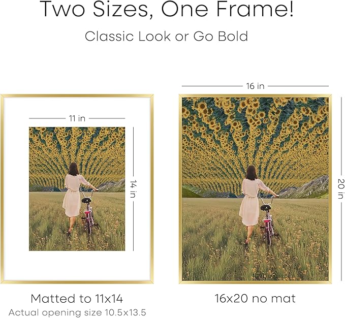 Homeforia 16 x 24 Picture Frame Gold, High End Metal 16x24 Poster Frames with Mat 12x18 Photo, 16 x 24 Gold Frame Matted to 12 by 18 Print, 24x16 Thin Hanging Frame, Tempered Glass, Wall Kit, Set of 3