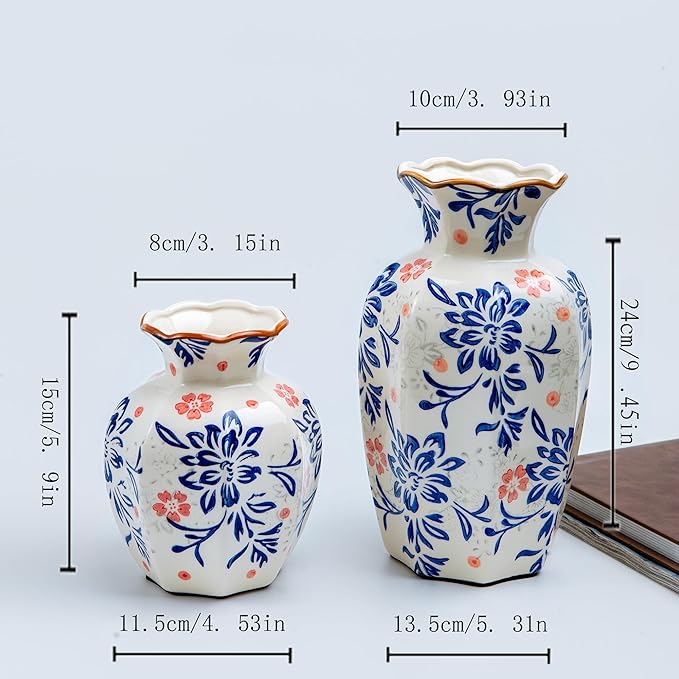 Gold Rim Ceramic Vase, Chinoiserie Red Florals on Light Blue Background, Large Console Table Decor for Entryway, Luxury Wedding Gift (Large, Qinghongmei)