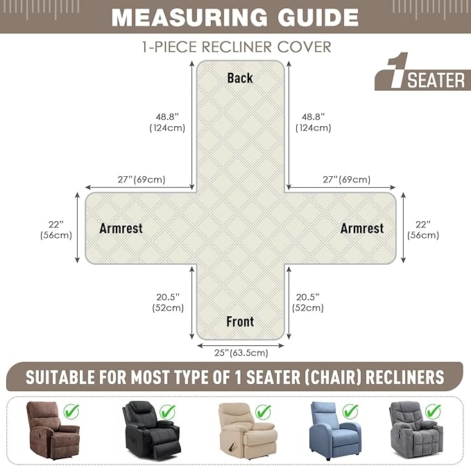 TAOCOCO 100% Waterproof Recliner Chair Covers, Non Slip Recliner Covers for Recliner Chair with Pocket, Washable Reclining Chair Cover Furniture Protector for Kids,Dogs(25'', Taupe)