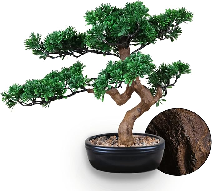 Artificial Bonsai Tree 16" Tall with Realistic Wood and Ceramic Pot, Fake Plants for Home, Bedroom and Office Desk, Japanese Decor