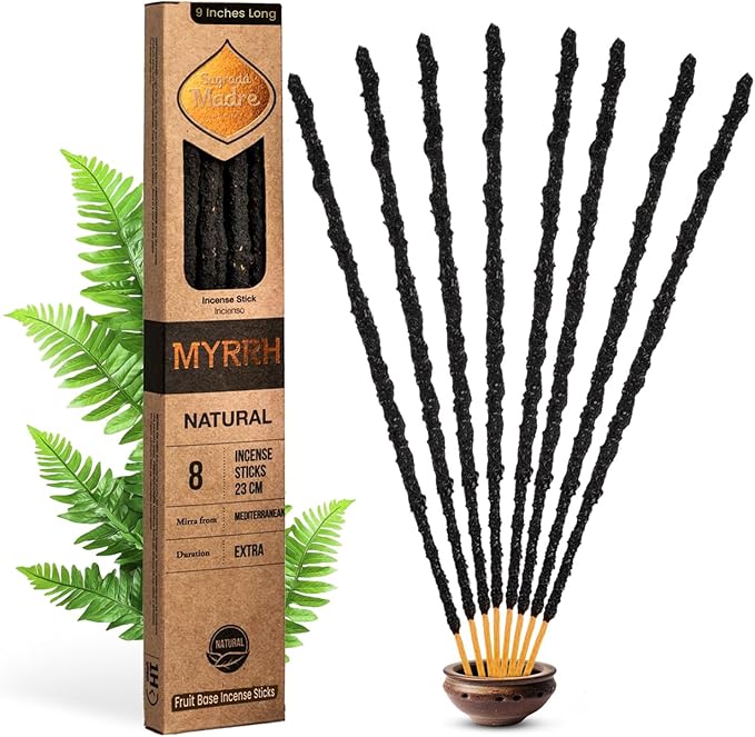 Sagrada Madre - 8 Natural Myrrh Incense Sticks, (9" Each) - Handmade with Myrrh Resin Organic, Natural Carbon & Salt for Purification, Healing & Space Cleansing Aromatherapy - 1 Hour Burn Time