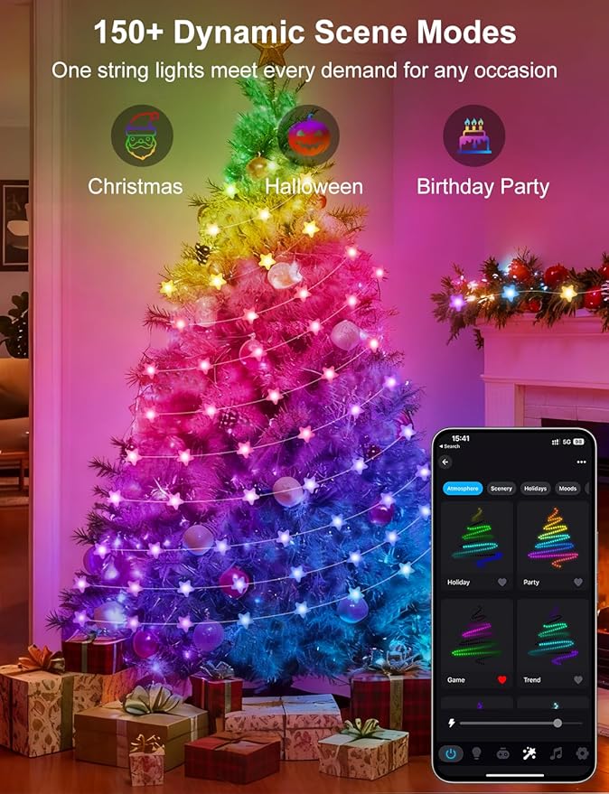 Smart Star Fairy Lights Plug in, 33Ft 16 Million Color Changing String Lights RGB Built in Chip APP & Remote Control DIY Music Sync Twinkle Light for Bedroom Christmas Decoration Christmas Gift