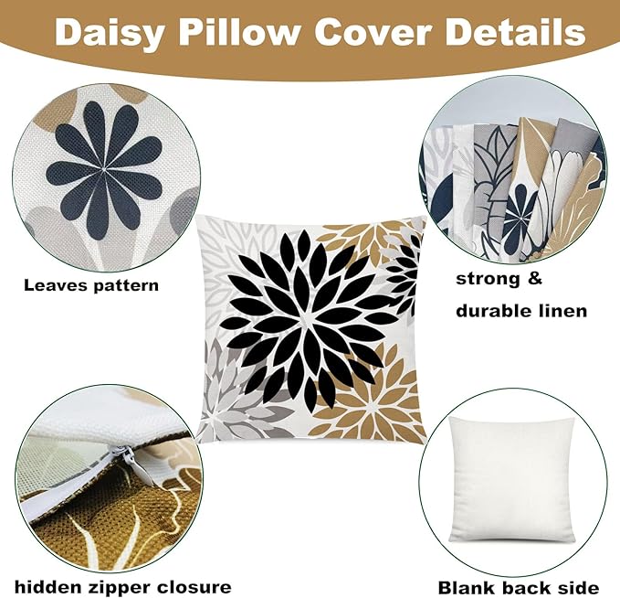COMMINY Brown Black Pillow Covers 20x20 Set of 6, Daisy Flower Throw Pillow Cover Case Rustic Square Cushion Cover for Sofa Bedroom Living Room Farmhouse Home Decor