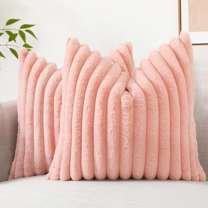decorUhome Faux Fur Christmas Throw Pillow Covers 24x24 Set of 2, Decorative Soft Plush Striped Neutral Couch Euro Pillow Covers with Velvet Back for Sofa, Bed, Living Room Home Decor, Blush Pink