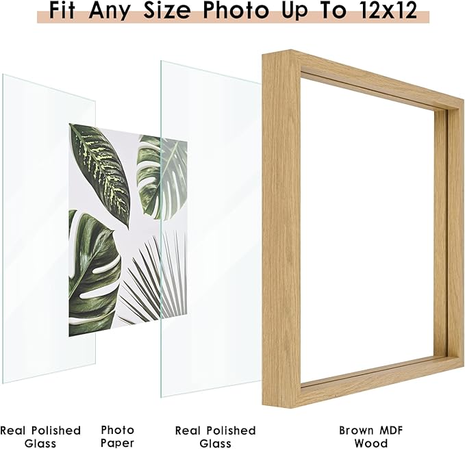 MUYE 12x12 Floating Frame Set of 2,Double Glass Rustic Square Photo Frame,Display Any Size Photo up to 12x12,Wall Mount or Tabletop Standing Natural