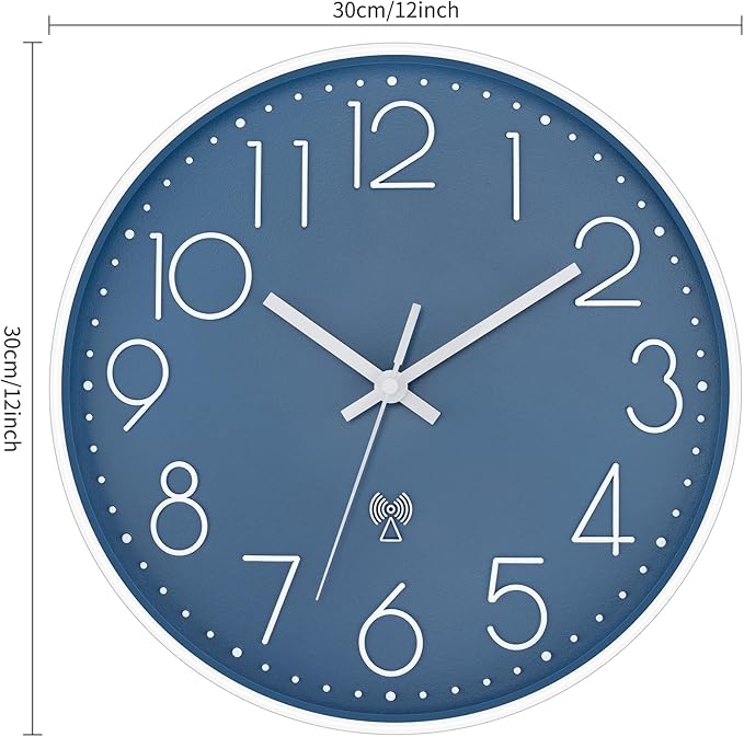 Foxtop Atomic Wall Clock Battery Operated Round Analog Modern Wall Clock Sets Automatically for Office Classroom Bedroom Kitchen Living Room (Cerulean)