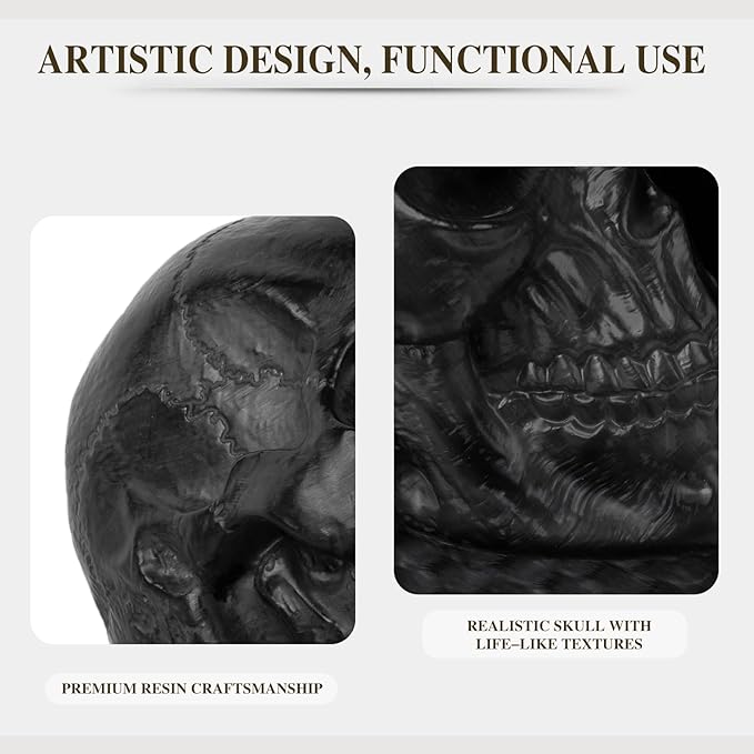 Skull Book Ends, Decorative Bookends for Shelves, Antique Gothic Style Skull Bookend Design Resin Skeleton Human Head Statue Halloween Décor (Black)
