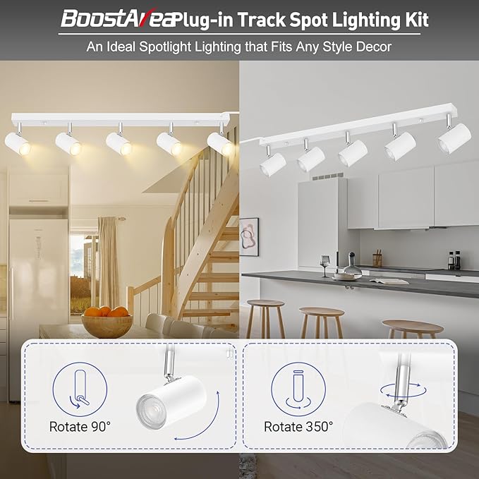 Plug in Track Lighting, LED Track Light Kit, White 5-Light Large Track Lights for Kitchen, 15 FT Cord,5 Way Ceiling Spotlight, Rotatable Wall Mount Light Head for Bedroom Hallway Living Room